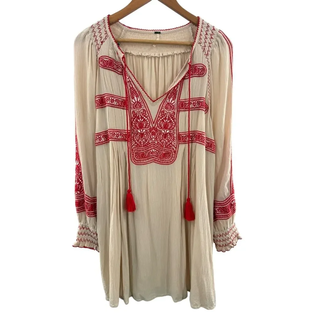 Free People Wind Willow Embroidered Boho Mini Peasant Tassel Indie Dress Size S